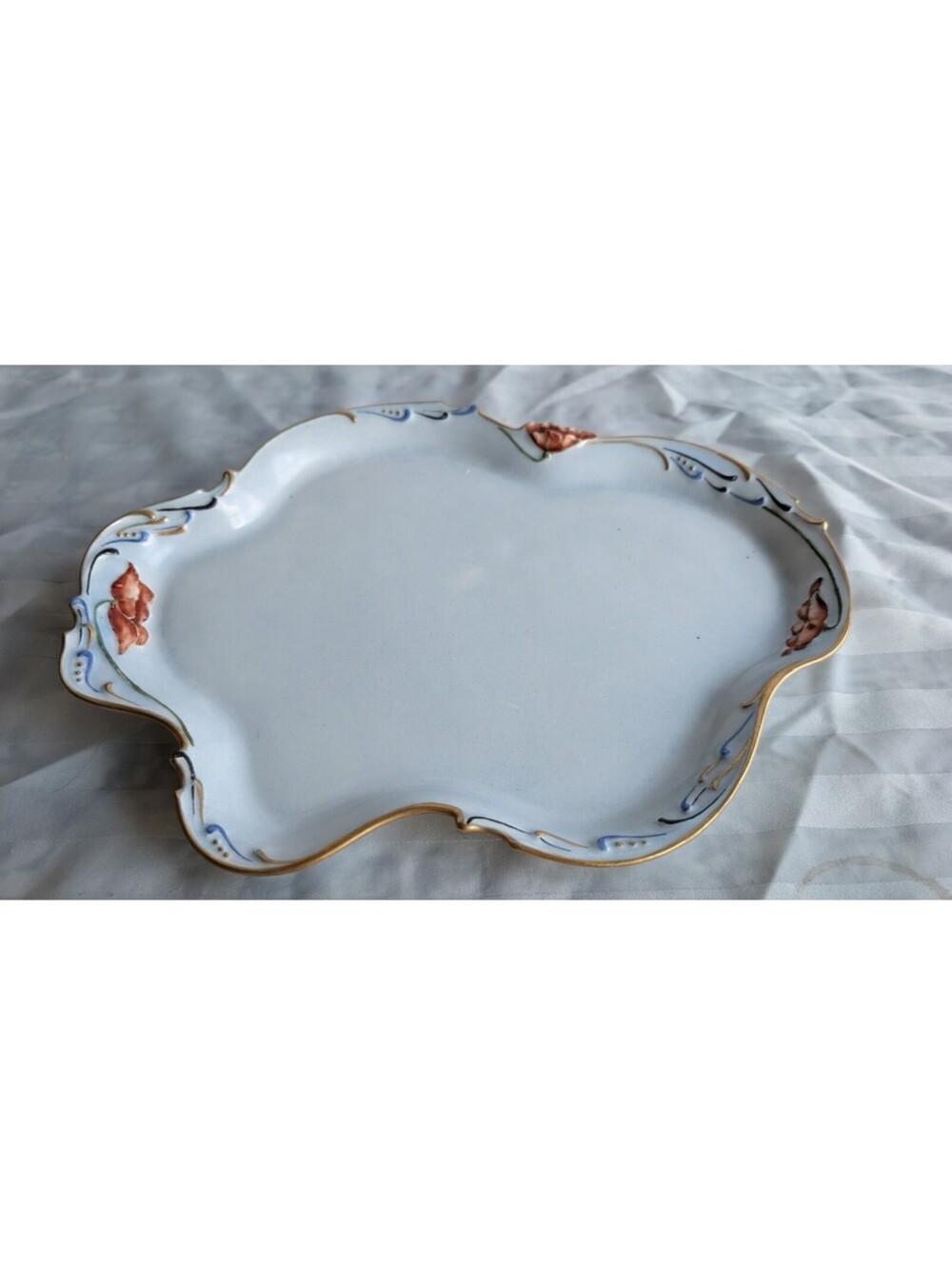 Antique JPL Jean Pouyat Limoges Porcelain Scalloped Tray Dresser Platter Blue